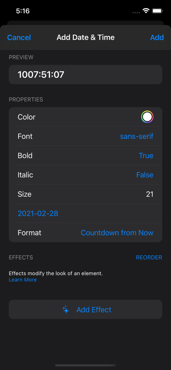 A form with several fields for adding a Date & Time element