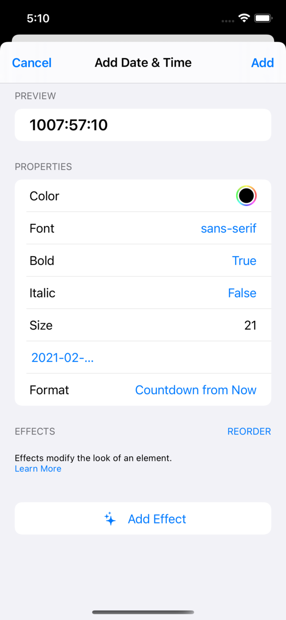 A form with several fields for adding a Date & Time element