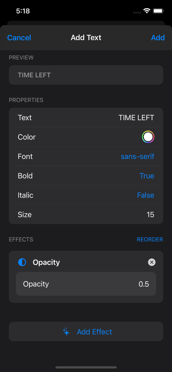 The element edit sheet with an opacity effect added with a value of 0.5.