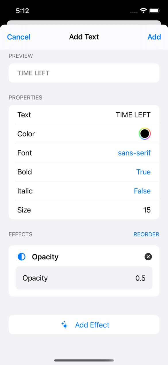 The element edit sheet with an opacity effect added with a value of 0.5.