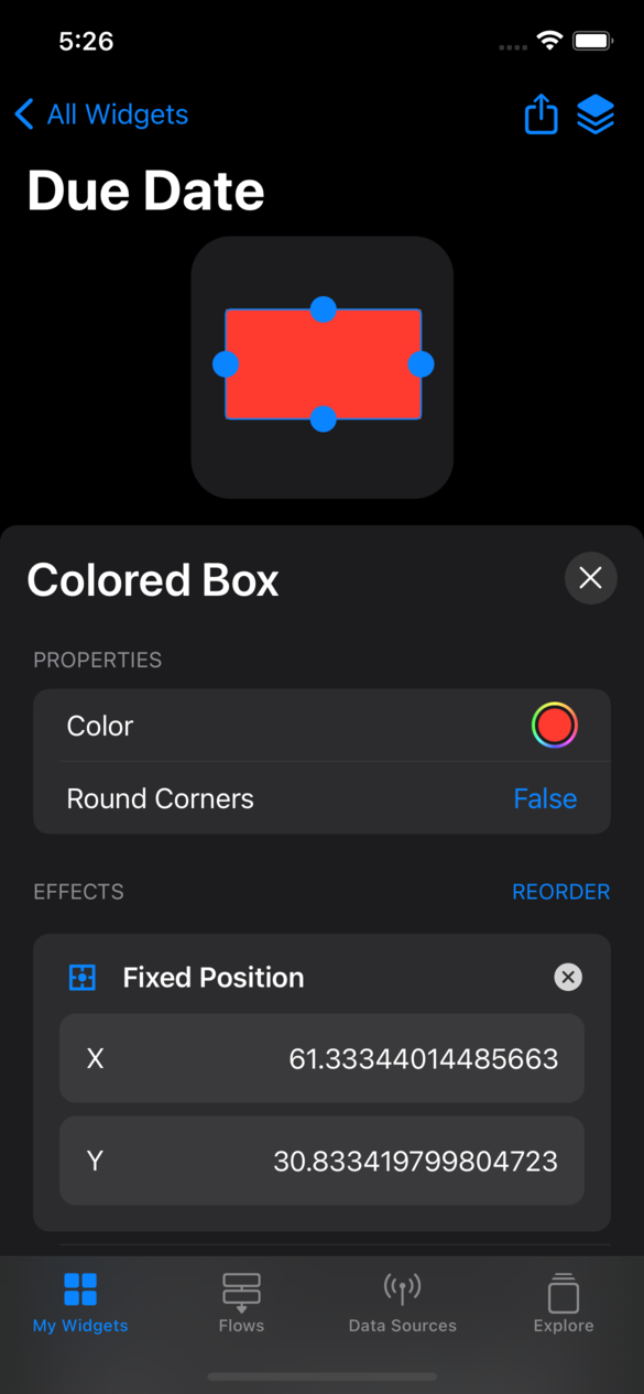 A fixed size and fixed position red "Colored Box" element, with handles visible for resizing.