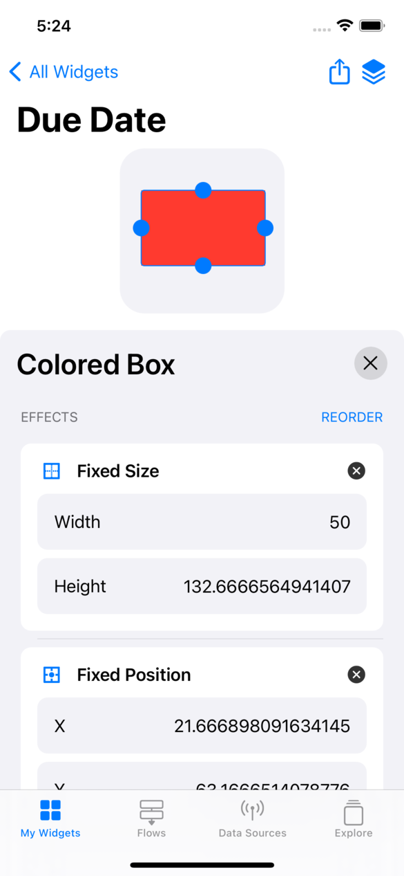 A fixed size and fixed position red "Colored Box" element, with handles visible for resizing.