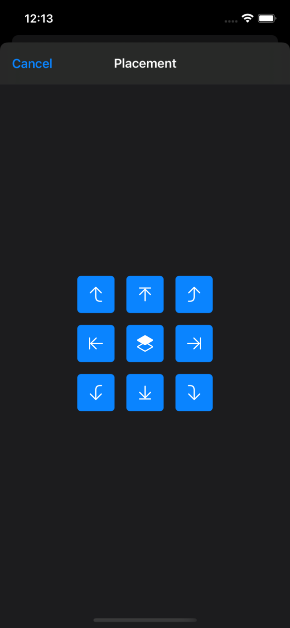 The placement picker screen, which shows a grid of buttons with icons representing the different placements