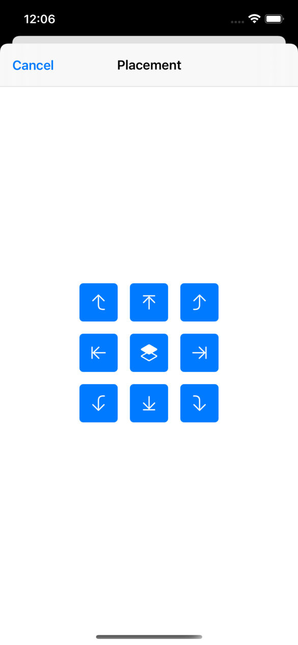 The placement picker screen, which shows a grid of buttons with icons representing the different placements