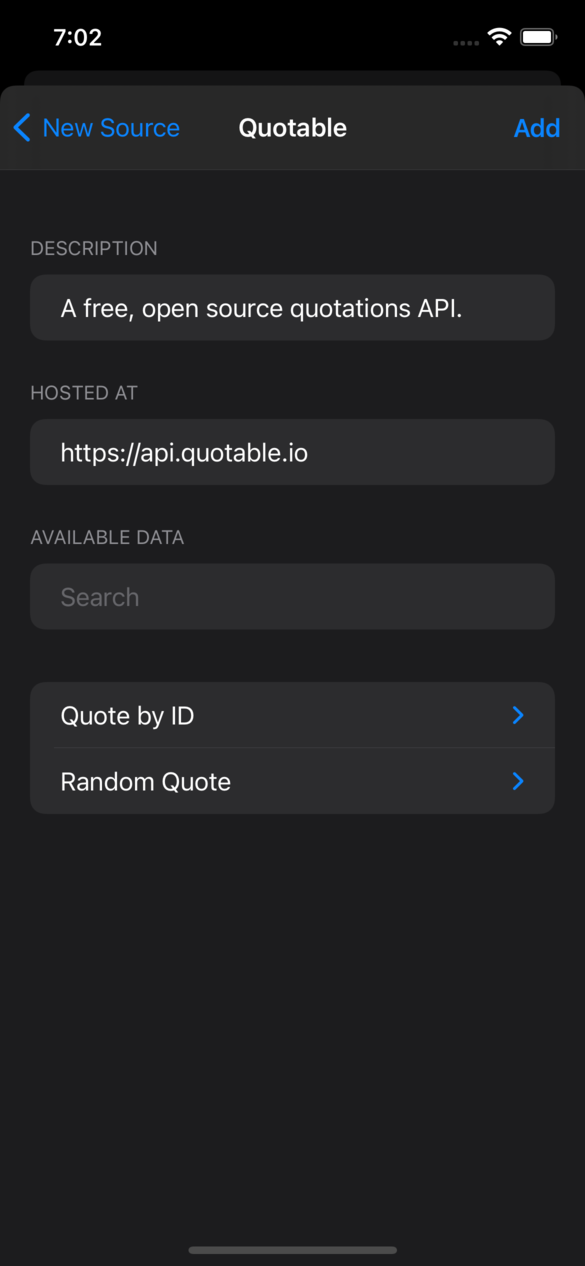 The details of the 'Quotable' data source, showing a description of 'A free, open source quotations API.', a hosted at URL of 'https://api.quotable.io', a search bar for finding available data, and a data point titled 'Quote by ID'.