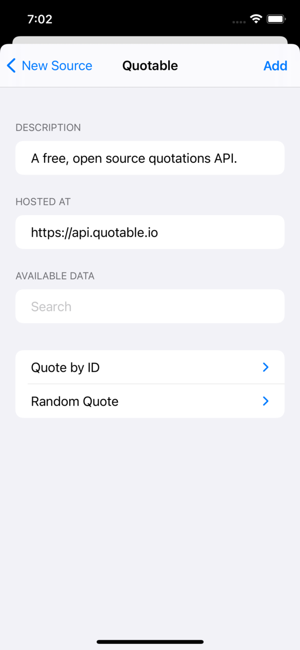 The details of the 'Quotable' data source, showing a description of 'A free, open source quotations API.', a hosted at URL of 'https://api.quotable.io', a search bar for finding available data, and a data point titled 'Quote by ID'.